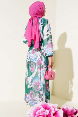 Kemerli Piliseli Şifon Elbise Yeşil - Tesettür Elbise