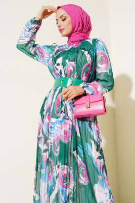 Kemerli Piliseli Şifon Elbise Yeşil - Tesettür Elbise