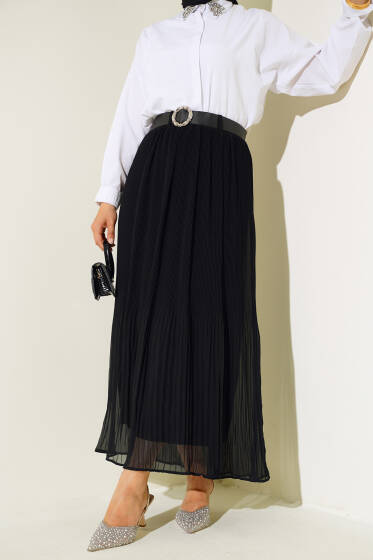 Kemerli Piliseli Şifon Etek Siyah - Uzun Etek