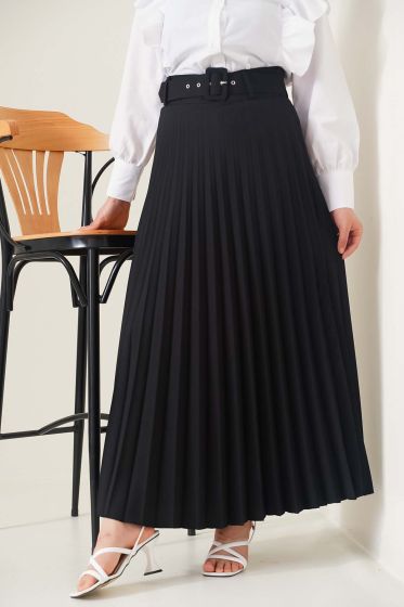 Kemerli Piliseli Siyah Etek - Uzun Etek