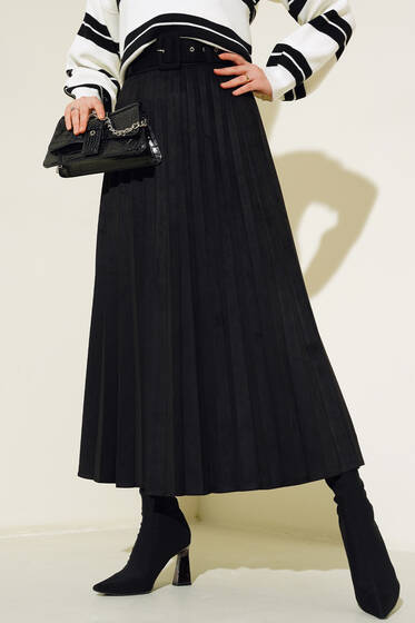 Kemerli Piliseli Süet Etek Siyah - Uzun Etek
