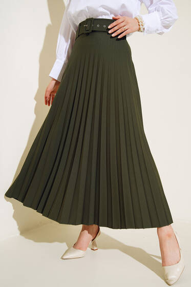 Kemerli Piliseli Yeşil Etek - Uzun Etek