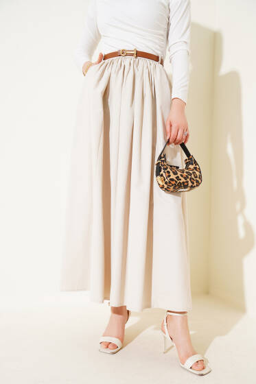 Kemerli Poplin Etek Bej - Etek