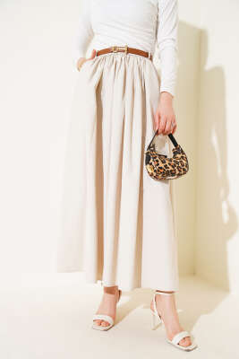 Kemerli Poplin Etek Bej 