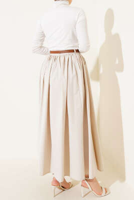 Kemerli Poplin Etek Bej - Uzun Etek