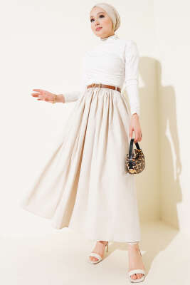 Kemerli Poplin Etek Bej - Uzun Etek