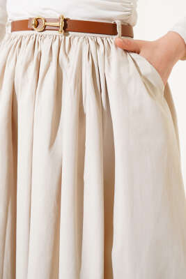 Kemerli Poplin Etek Bej - Uzun Etek