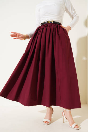 Kemerli Poplin Etek Bordo - Etek