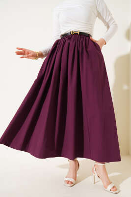 Kemerli Poplin Etek Bordo 
