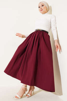 Kemerli Poplin Etek Bordo - Uzun Etek