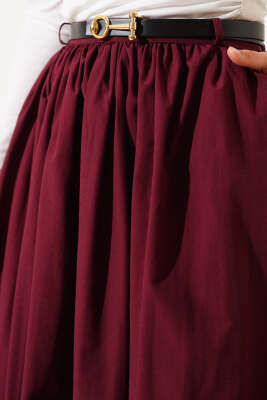 Kemerli Poplin Etek Bordo - Uzun Etek