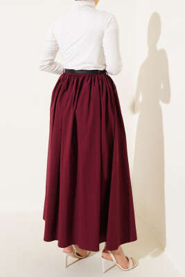 Kemerli Poplin Etek Bordo - Uzun Etek