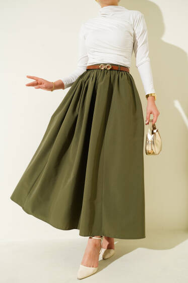 Kemerli Poplin Etek Haki - Etek