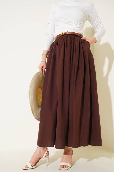 Kemerli Poplin Etek Kahve - Etek