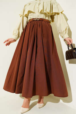 Kemerli Poplin Etek Kahve - VAV TEKSTİL
