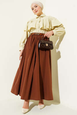 Kemerli Poplin Etek Kahve - Etek