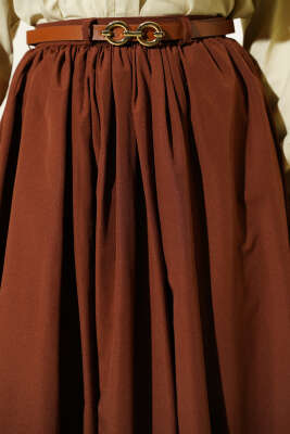 Kemerli Poplin Etek Kahve - Etek