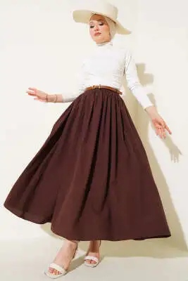 Kemerli Poplin Etek Kahve - Uzun Etek