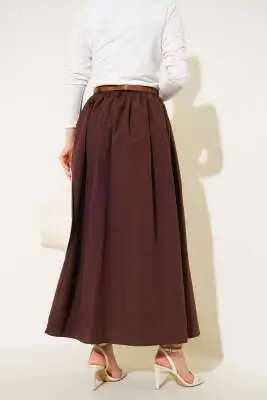 Kemerli Poplin Etek Kahve - Uzun Etek