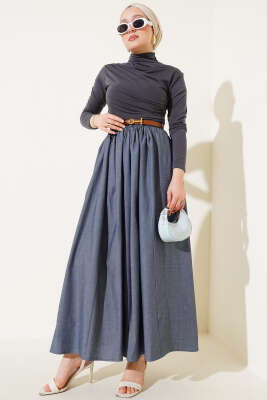 Kemerli Poplin Etek Kot Mavisi - Uzun Etek