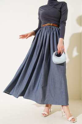 Kemerli Poplin Etek Kot Mavisi 