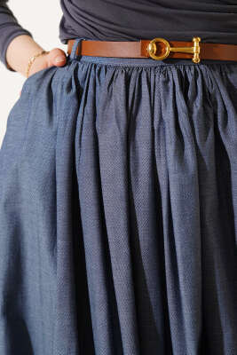 Kemerli Poplin Etek Kot Mavisi - Uzun Etek