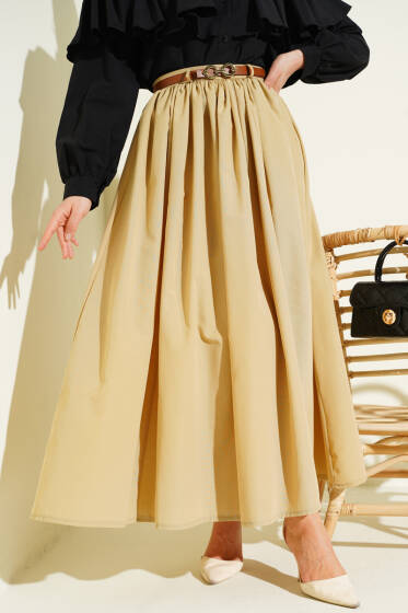 Kemerli Poplin Etek Kum Bej - Etek