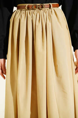 Kemerli Poplin Etek Kum Bej - Etek