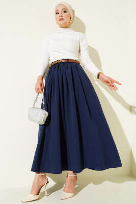 Kemerli Poplin Etek Lacivert - Uzun Etek