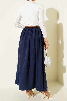 Kemerli Poplin Etek Lacivert - Uzun Etek