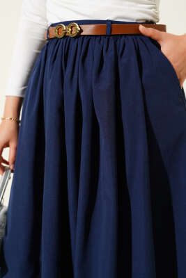 Kemerli Poplin Etek Lacivert - Uzun Etek