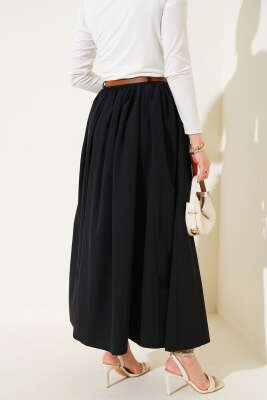 Kemerli Poplin Etek Siyah - Uzun Etek