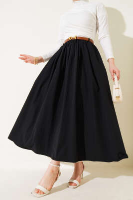 Kemerli Poplin Etek Siyah 