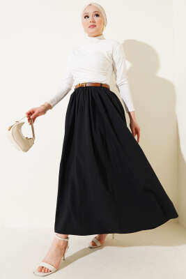 Kemerli Poplin Etek Siyah - Uzun Etek