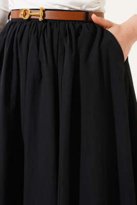 Kemerli Poplin Etek Siyah - Uzun Etek