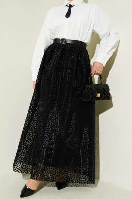 Kemerli Puantiyeli Organze Etek Siyah - NESSİA