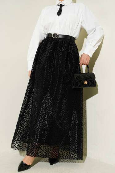 Kemerli Puantiyeli Organze Etek Siyah - Etek