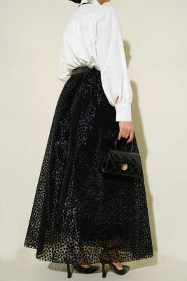 Kemerli Puantiyeli Organze Etek Siyah - Etek