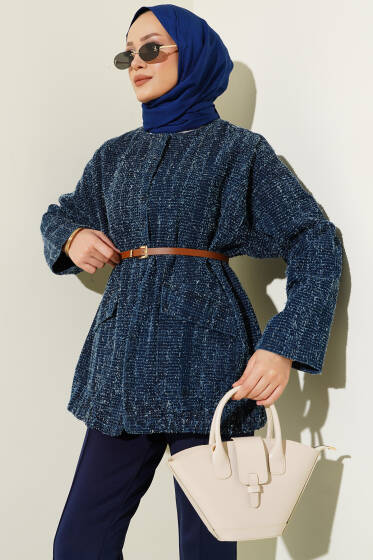 Kemerli Sakallı Kot Ceket Lacivert - Ceket