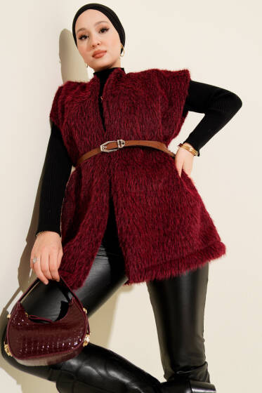 Kemerli Sakallı Yelek Bordo - Yelek