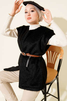 Kemerli Sakallı Yelek Siyah - TABLO FASHİON