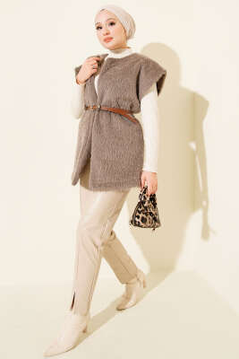 Kemerli Sakallı Yelek Vizon - Yelek