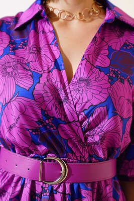 Kemerli Saten Elbise Menekşe - Kadın Giyim Modelleri