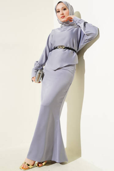 Kemerli Saten Kalem Etek İkili Takım Gri - İkili Takım