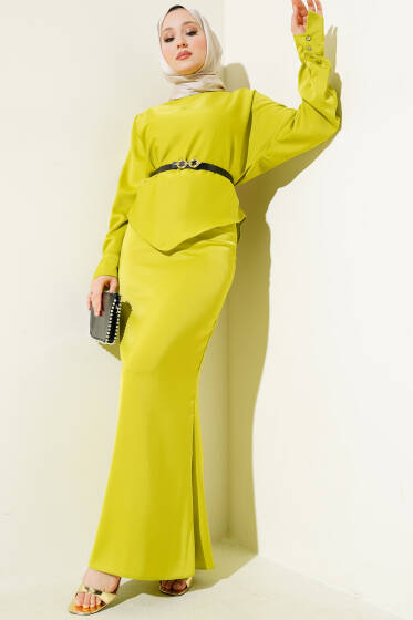 Kemerli Saten Kalem Etek İkili Takım Yağ Yeşili - İkili Takım