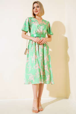 Kemerli Saten Midi Elbise Yeşil - Kadın Giyim Modelleri