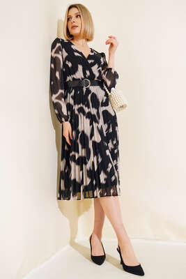 Kemerli Şifon Elbise Siyah - ESTELLE