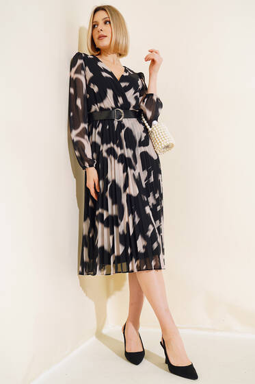 Kemerli Şifon Elbise Siyah - Yeni Giyim