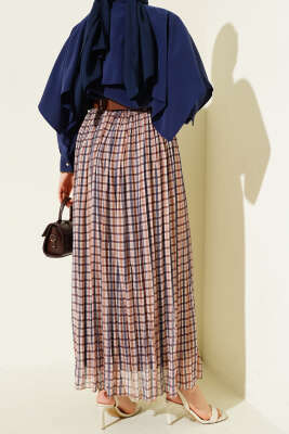 Kemerli Sık Pileli Ekoseli Etek Bej - Etek