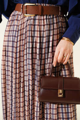 Kemerli Sık Pileli Ekoseli Etek Bej - Etek